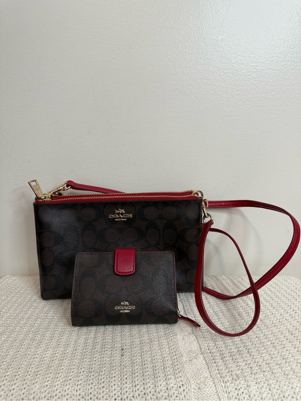 Coach Hayden Signature Canvas/leather Crossbody & Wallet Brown with Red Trim